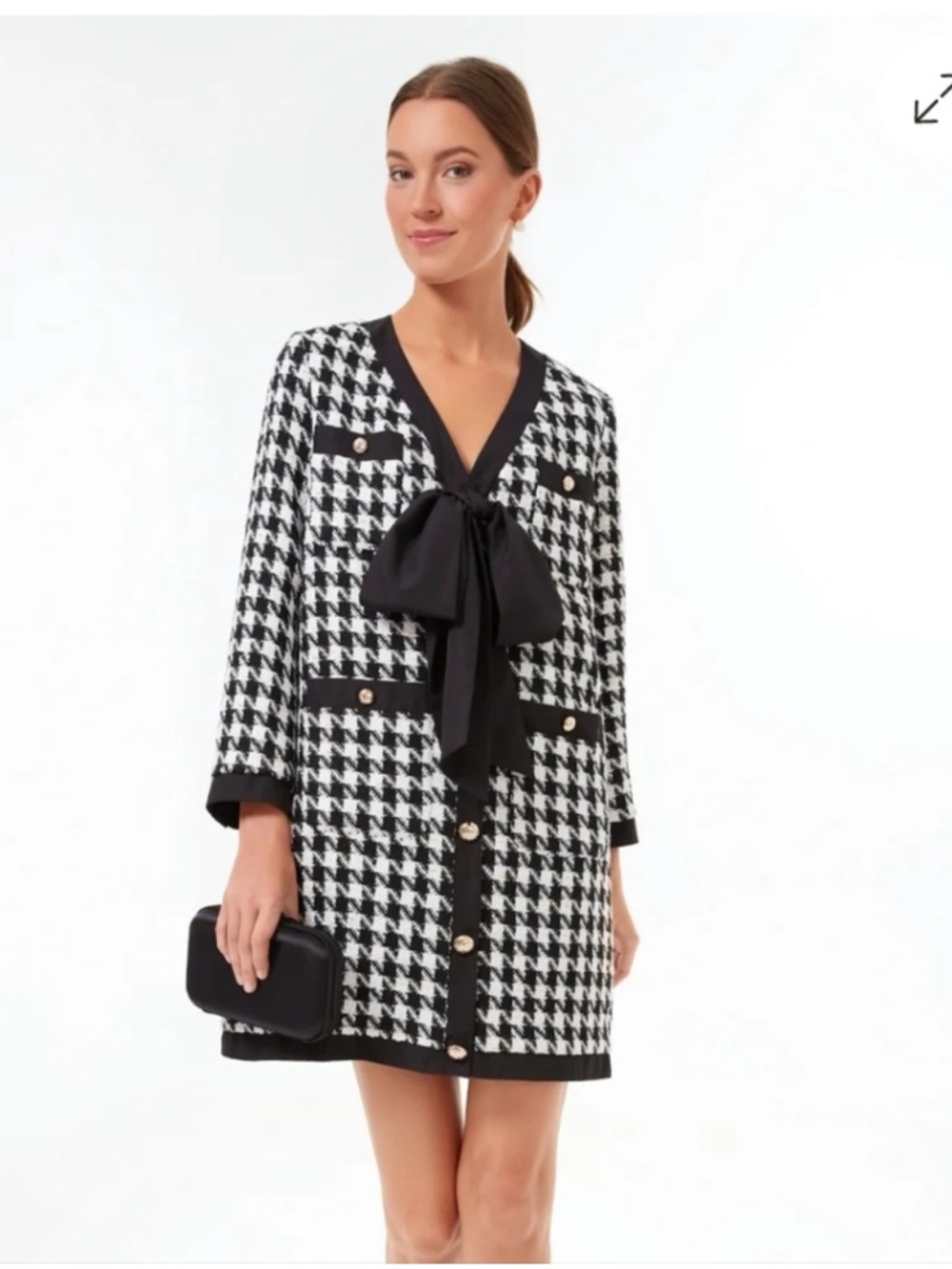 POMANDER PLACE TUCKERNUCK Medium Coco Herringbone Black White Mini Dress - Picture 2 of 12